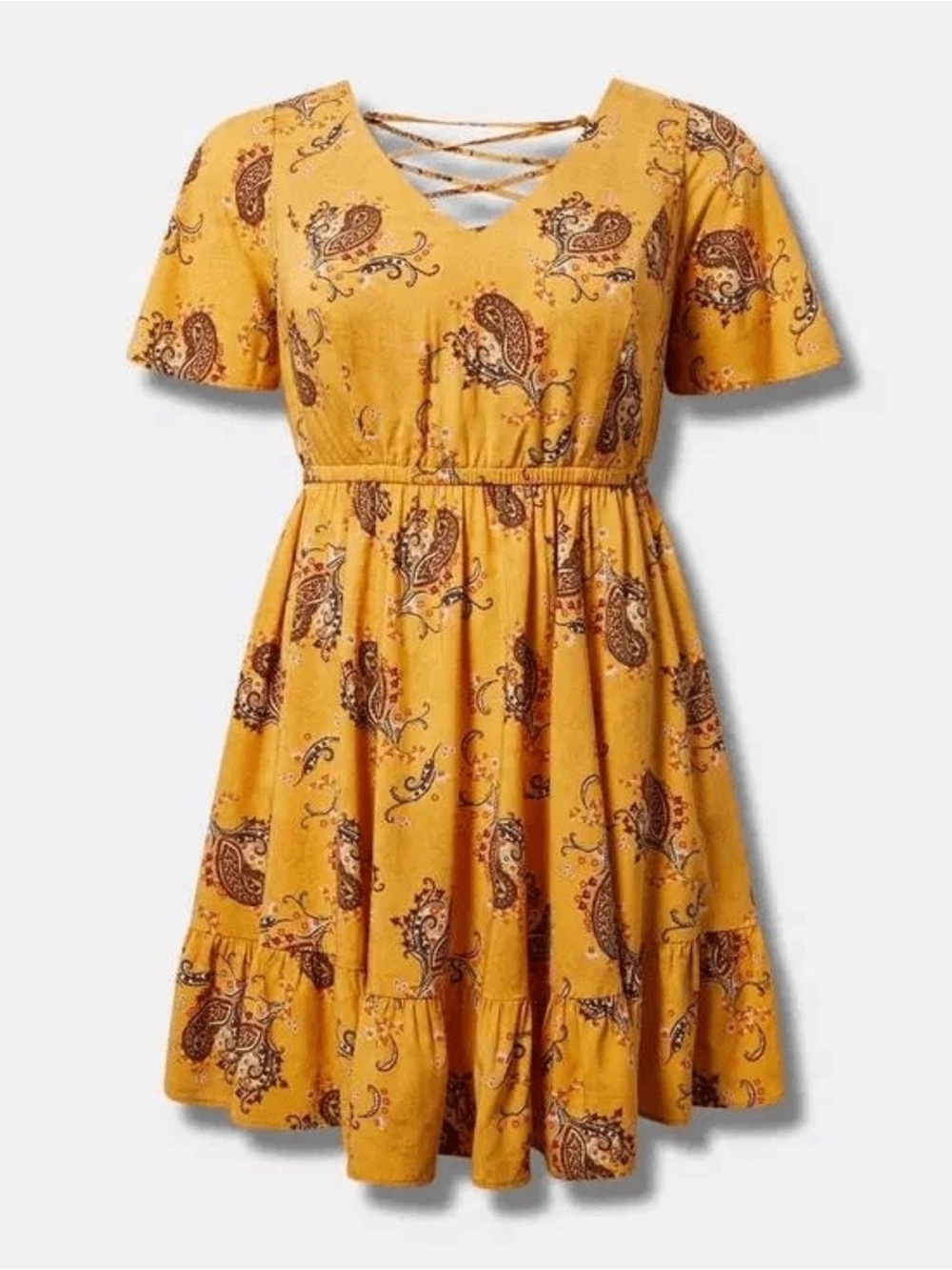 Torrid Yellow Paisley Challis Flutter Sleeve Lace Back Dress